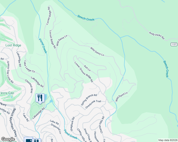 map of restaurants, bars, coffee shops, grocery stores, and more near 109 Ash Lane in Beech Mountain