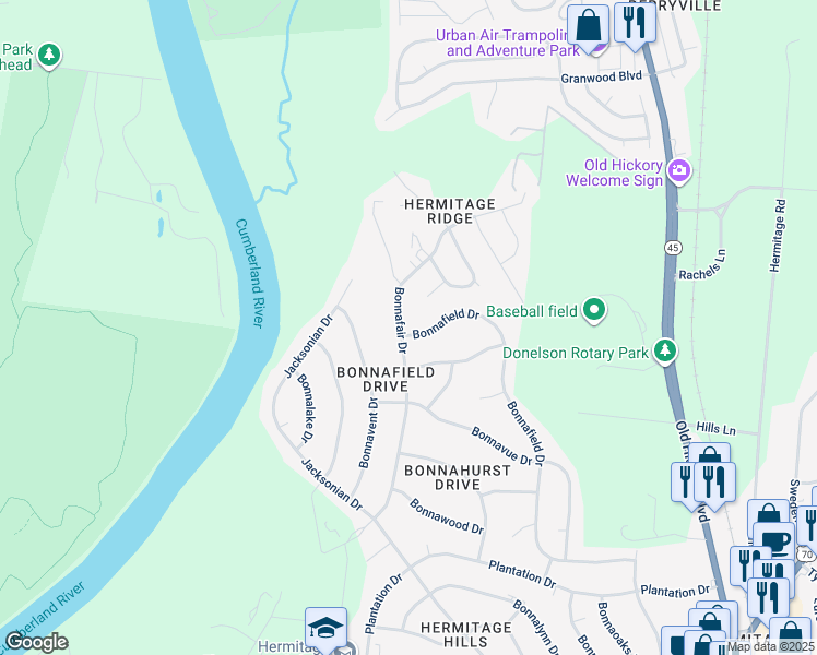 map of restaurants, bars, coffee shops, grocery stores, and more near 8100 Bonnafair Drive in Nashville