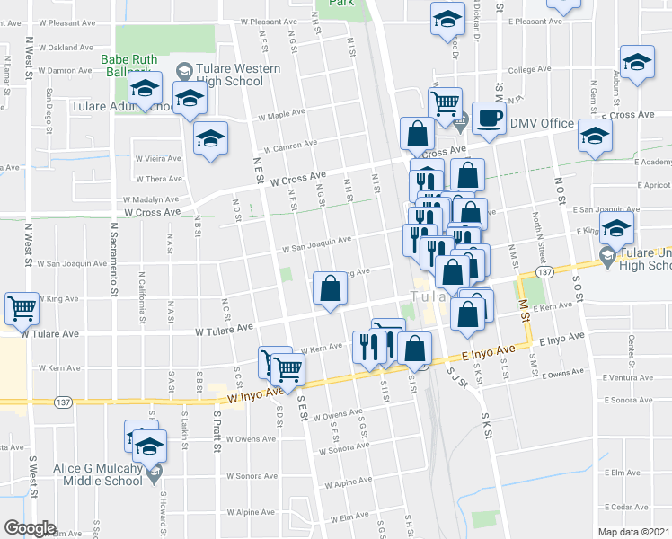 map of restaurants, bars, coffee shops, grocery stores, and more near 206 North G Street in Tulare