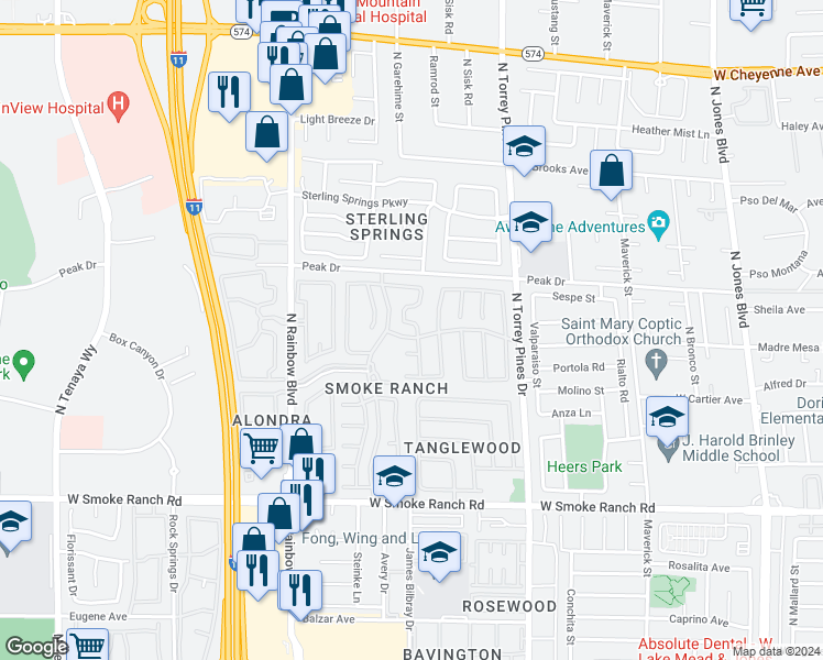map of restaurants, bars, coffee shops, grocery stores, and more near 2721 Trotwood Lane in Las Vegas