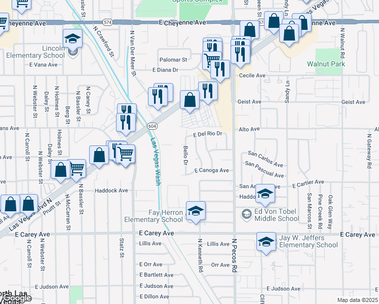 map of restaurants, bars, coffee shops, grocery stores, and more near 2708 Bello Drive in North Las Vegas