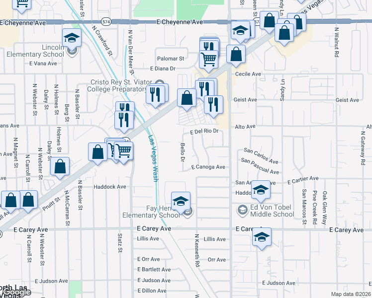 map of restaurants, bars, coffee shops, grocery stores, and more near 2708 Bello Drive in North Las Vegas