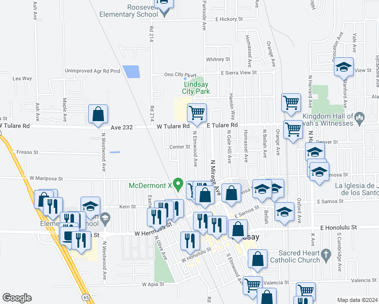 map of restaurants, bars, coffee shops, grocery stores, and more near 531 North Elmwood Avenue in Lindsay