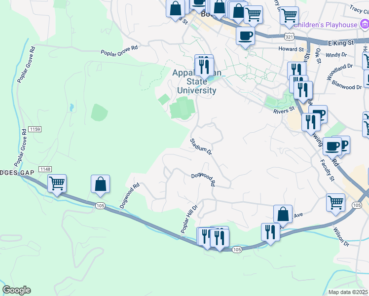 map of restaurants, bars, coffee shops, grocery stores, and more near 305 Poplar Summit Road in Boone