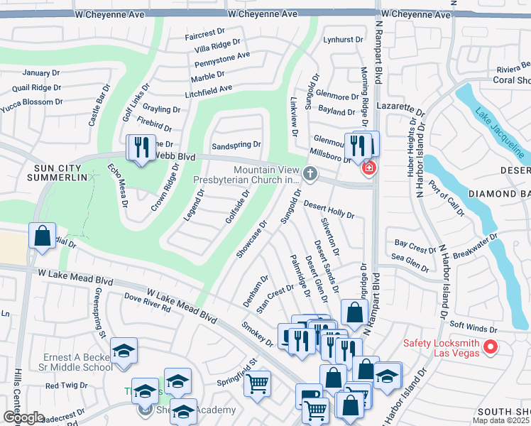 map of restaurants, bars, coffee shops, grocery stores, and more near 2717 Showcase Drive in Las Vegas