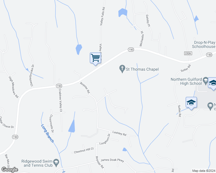 map of restaurants, bars, coffee shops, grocery stores, and more near 7626 Royster Road in Greensboro