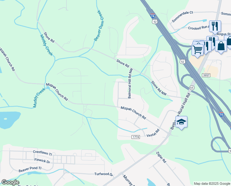map of restaurants, bars, coffee shops, grocery stores, and more near 6440 Bannockburn Road Northwest in Rural Hall
