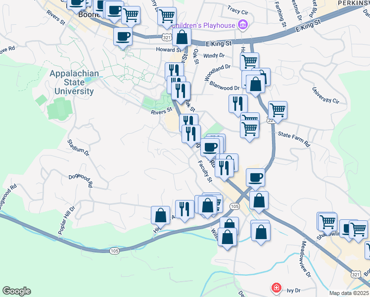 map of restaurants, bars, coffee shops, grocery stores, and more near 176 Faculty Street in Boone