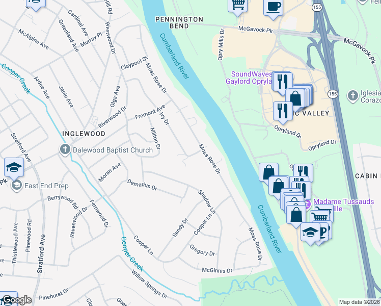 map of restaurants, bars, coffee shops, grocery stores, and more near 3900 Ivy Drive in Nashville