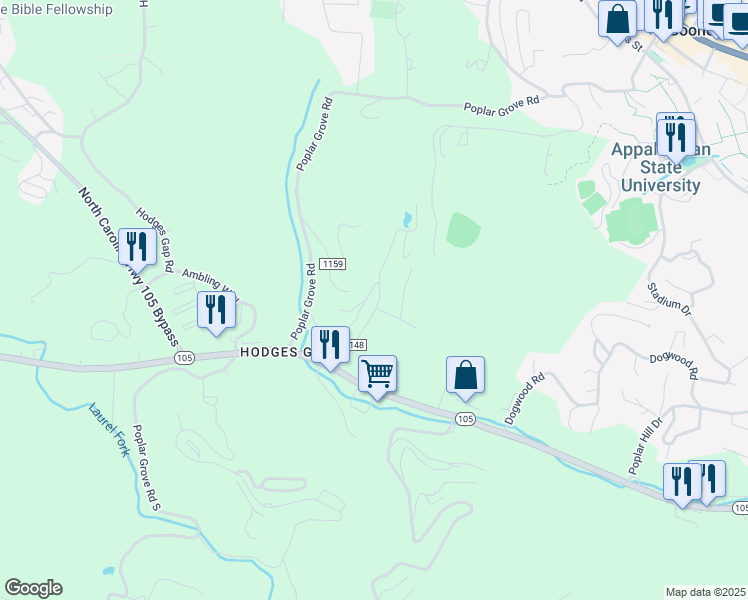map of restaurants, bars, coffee shops, grocery stores, and more near 283 Homespun Hills Road in Boone