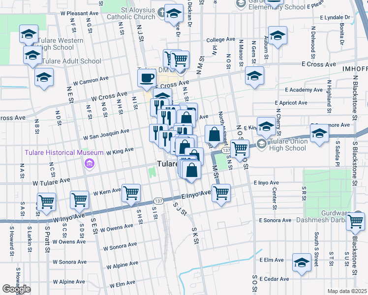 map of restaurants, bars, coffee shops, grocery stores, and more near 210 East Tulare Avenue in Tulare