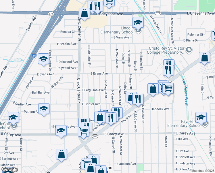 map of restaurants, bars, coffee shops, grocery stores, and more near 2701 North Carroll Street in North Las Vegas