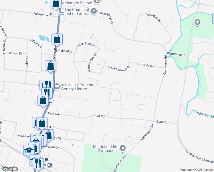 map of restaurants, bars, coffee shops, grocery stores, and more near 1048 Oakhall Drive in Mount Juliet