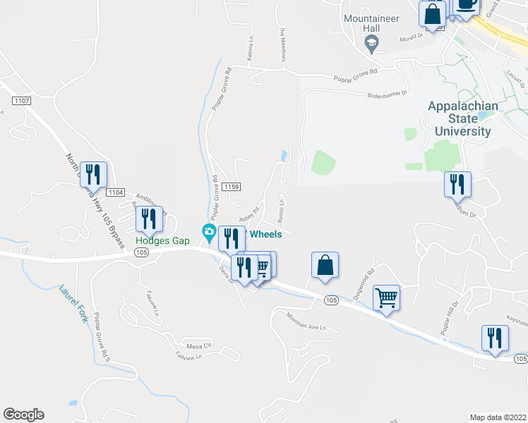 map of restaurants, bars, coffee shops, grocery stores, and more near 299 Homespun Hills Road in Boone