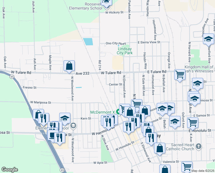 map of restaurants, bars, coffee shops, grocery stores, and more near 364 Center Street in Lindsay