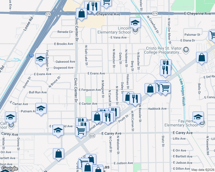 map of restaurants, bars, coffee shops, grocery stores, and more near 2709 North Carroll Street in North Las Vegas