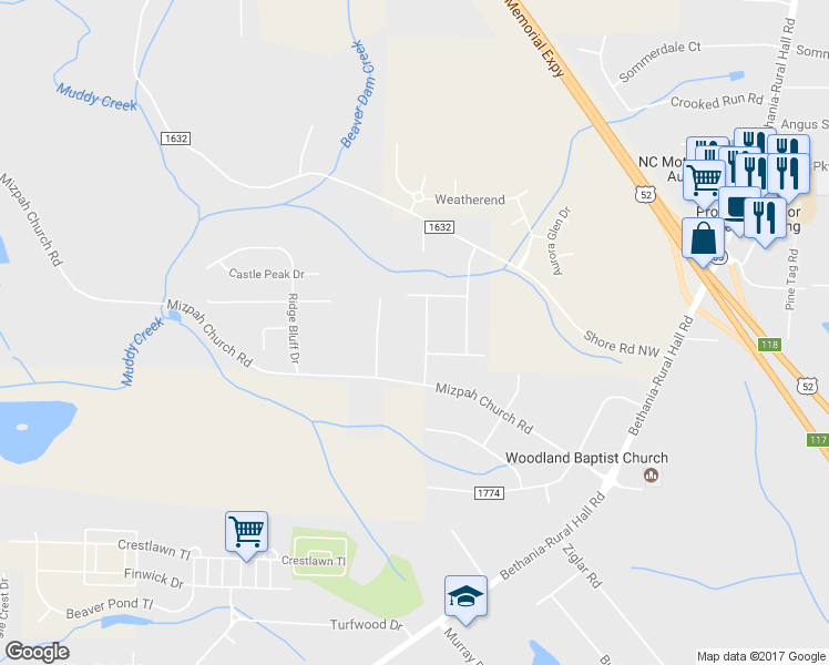 map of restaurants, bars, coffee shops, grocery stores, and more near 6440 Bannockburn Road Northwest in Rural Hall