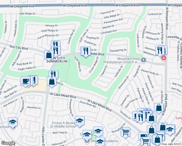 map of restaurants, bars, coffee shops, grocery stores, and more near 2700 Crown Ridge Drive in Las Vegas
