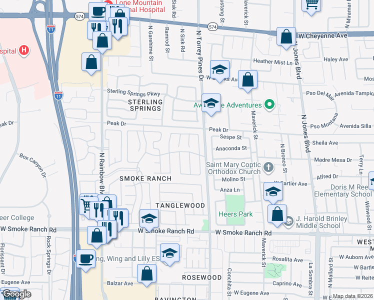 map of restaurants, bars, coffee shops, grocery stores, and more near 2632 Shakespeare Road in Las Vegas
