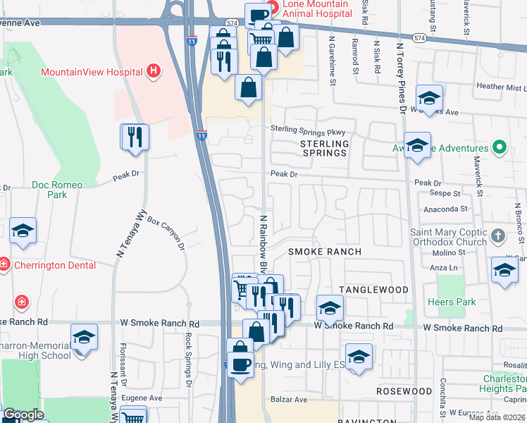 map of restaurants, bars, coffee shops, grocery stores, and more near 2701 North Rainbow Boulevard in Las Vegas