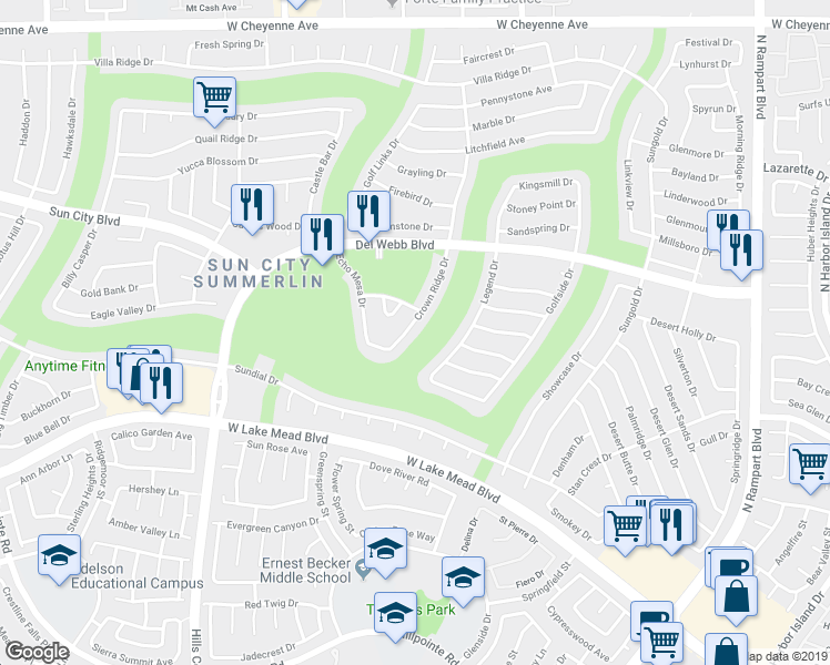 map of restaurants, bars, coffee shops, grocery stores, and more near 2601 Legend Drive in Las Vegas