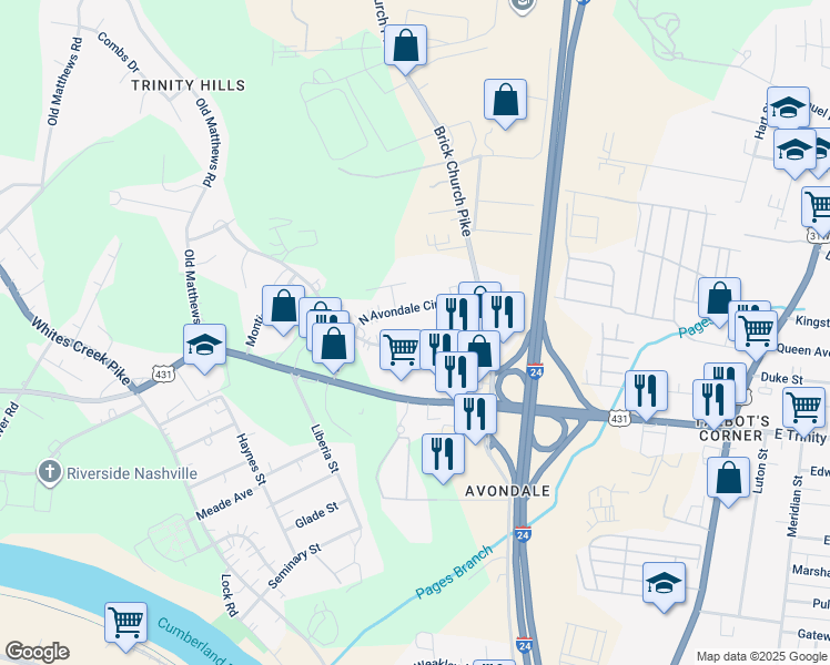 map of restaurants, bars, coffee shops, grocery stores, and more near 1213 Avondale Circle in Nashville