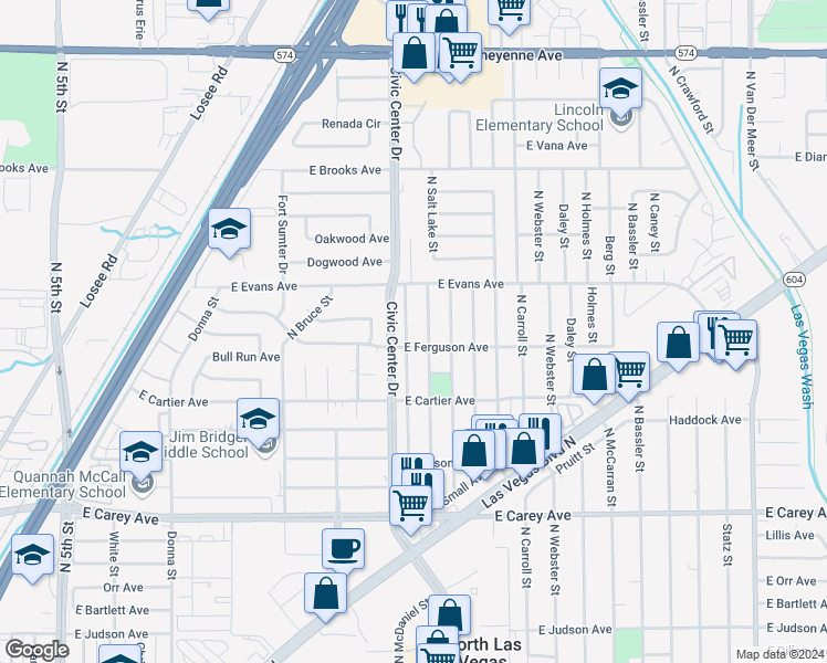 map of restaurants, bars, coffee shops, grocery stores, and more near 2708 North Saint George Street in North Las Vegas