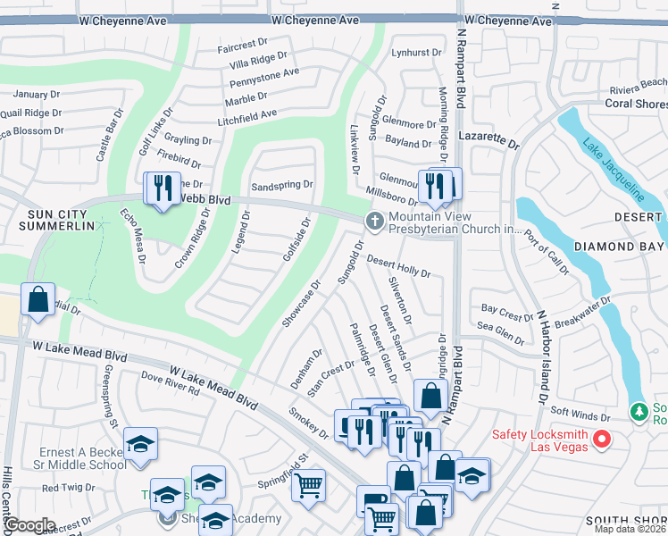 map of restaurants, bars, coffee shops, grocery stores, and more near 2728 Showcase Drive in Las Vegas