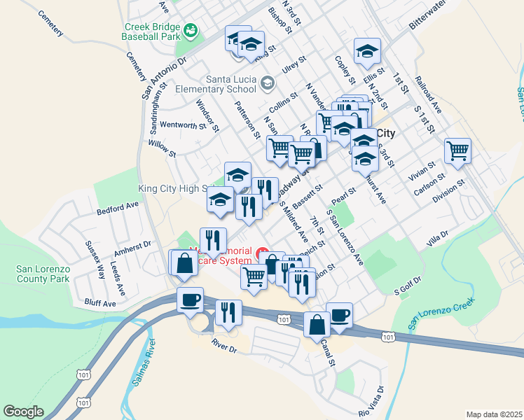 map of restaurants, bars, coffee shops, grocery stores, and more near 760 Broadway Street in King City