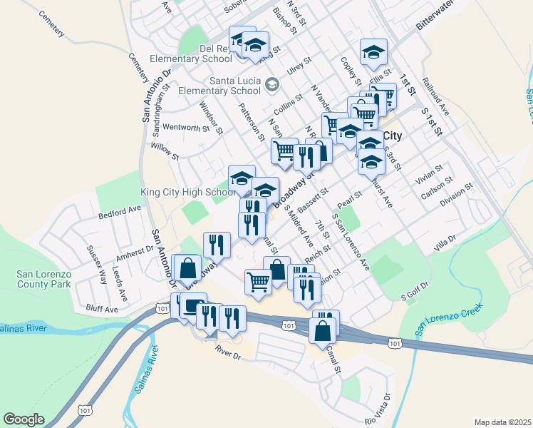 map of restaurants, bars, coffee shops, grocery stores, and more near 760 Broadway Street in King City