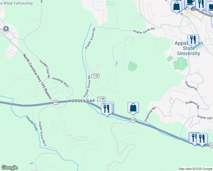 map of restaurants, bars, coffee shops, grocery stores, and more near 285 Homespun Hills Road in Boone