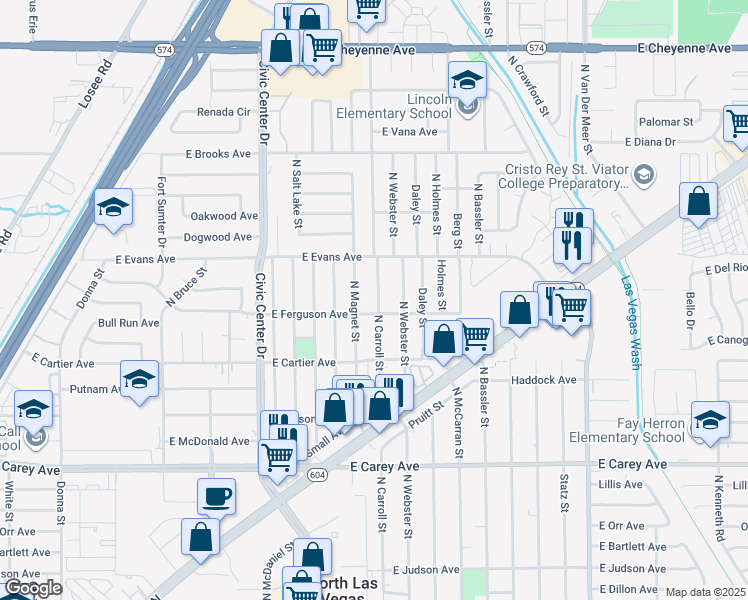map of restaurants, bars, coffee shops, grocery stores, and more near 2709 North Carroll Street in North Las Vegas