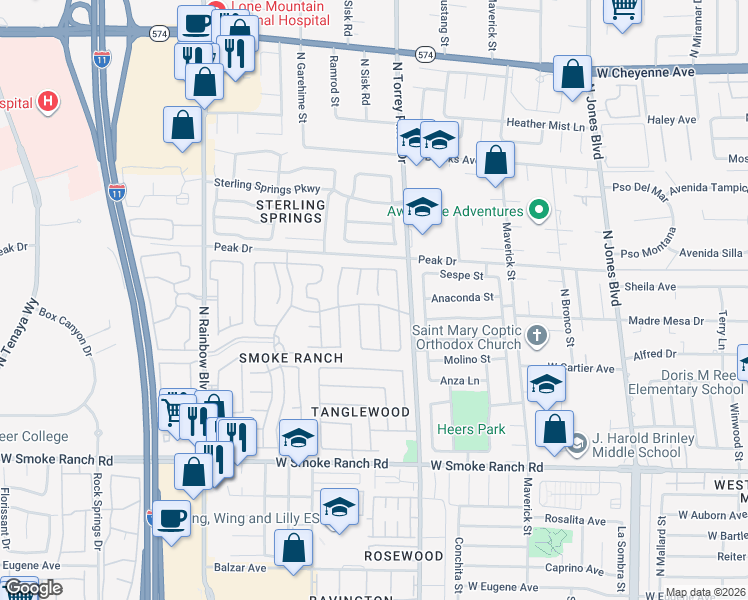 map of restaurants, bars, coffee shops, grocery stores, and more near 2632 Shakespeare Road in Las Vegas