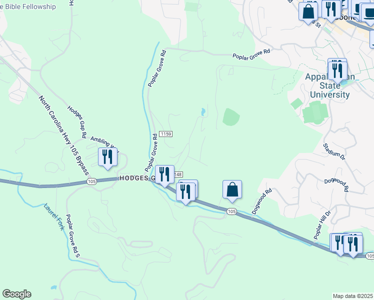 map of restaurants, bars, coffee shops, grocery stores, and more near 285 Homespun Hills Road in Boone