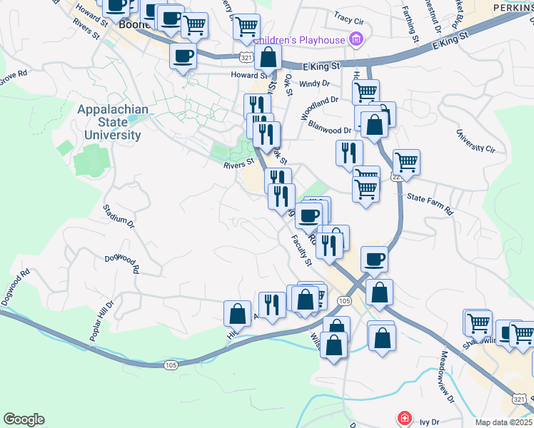 map of restaurants, bars, coffee shops, grocery stores, and more near 148 Faculty Street in Boone
