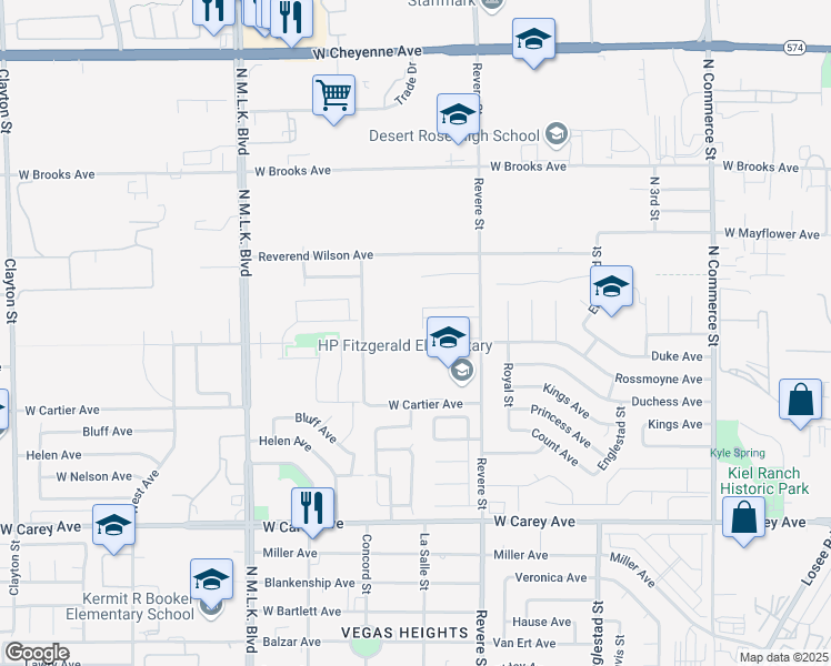 map of restaurants, bars, coffee shops, grocery stores, and more near Rossmoyne Avenue in North Las Vegas