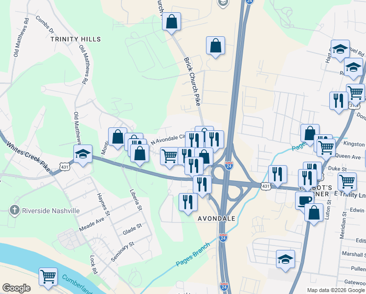 map of restaurants, bars, coffee shops, grocery stores, and more near 1201 North Avondale Circle in Nashville