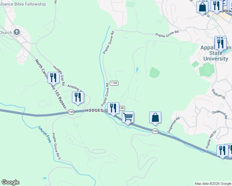 map of restaurants, bars, coffee shops, grocery stores, and more near 201 Abbey Road in Boone