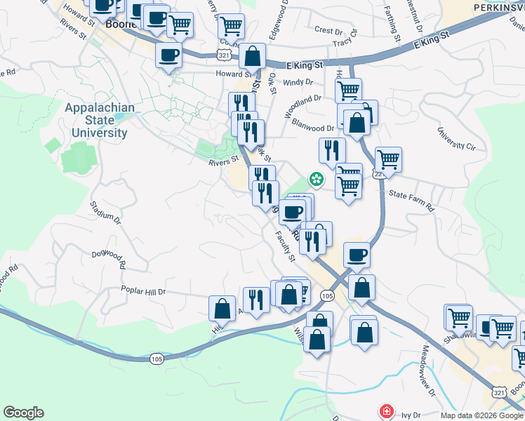 map of restaurants, bars, coffee shops, grocery stores, and more near 149 Psi Drive in Boone