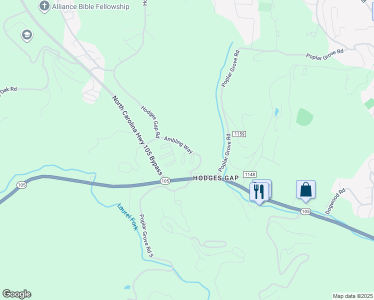 map of restaurants, bars, coffee shops, grocery stores, and more near 289 Ambling Way in Boone