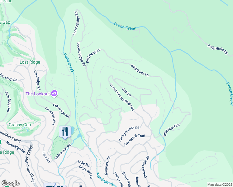 map of restaurants, bars, coffee shops, grocery stores, and more near 125 Lower Grouse Ridge Road in Beech Mountain