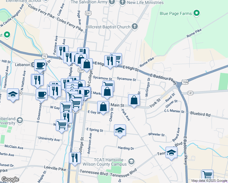 map of restaurants, bars, coffee shops, grocery stores, and more near 306 East Market Street in Lebanon