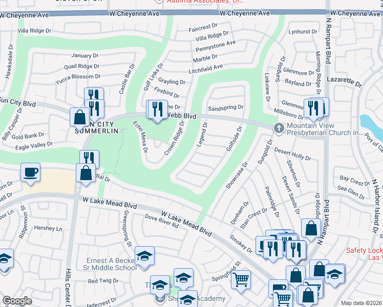 map of restaurants, bars, coffee shops, grocery stores, and more near 2625 Legend Drive in Las Vegas