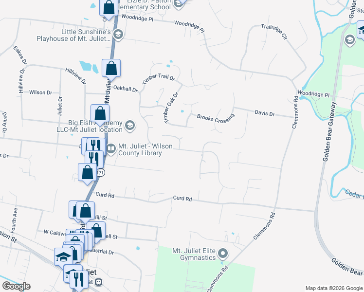 map of restaurants, bars, coffee shops, grocery stores, and more near 1042 Oakhall Drive in Mount Juliet