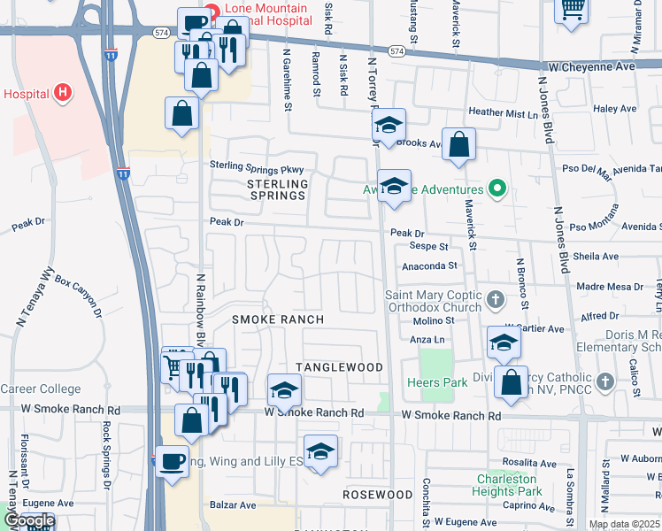 map of restaurants, bars, coffee shops, grocery stores, and more near 2705 Cheshire Court in Las Vegas