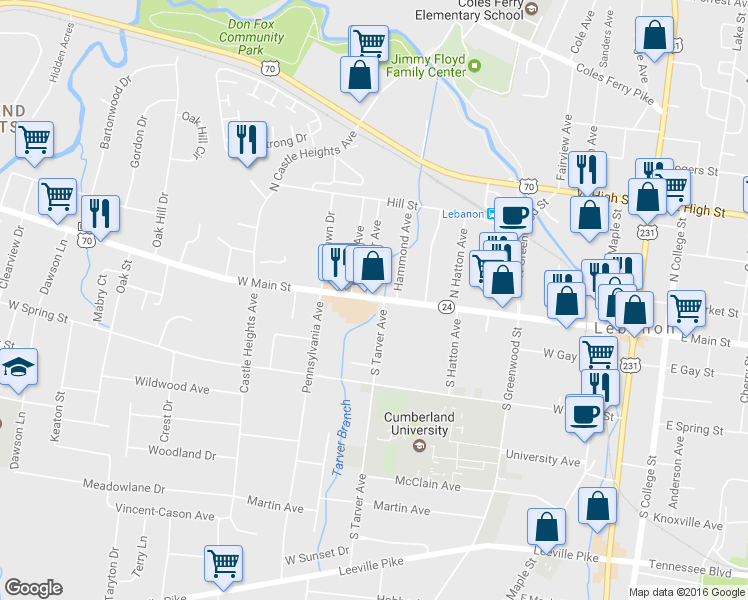map of restaurants, bars, coffee shops, grocery stores, and more near 506 W Main St in Lebanon