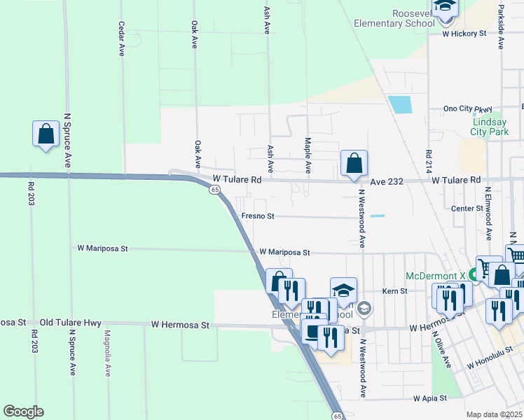 map of restaurants, bars, coffee shops, grocery stores, and more near 1127 Fresno Street in Lindsay