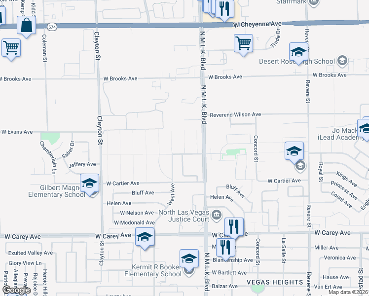 map of restaurants, bars, coffee shops, grocery stores, and more near Wisteria Avenue in North Las Vegas