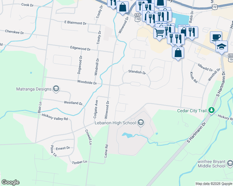 map of restaurants, bars, coffee shops, grocery stores, and more near 308 Providence Drive in Lebanon