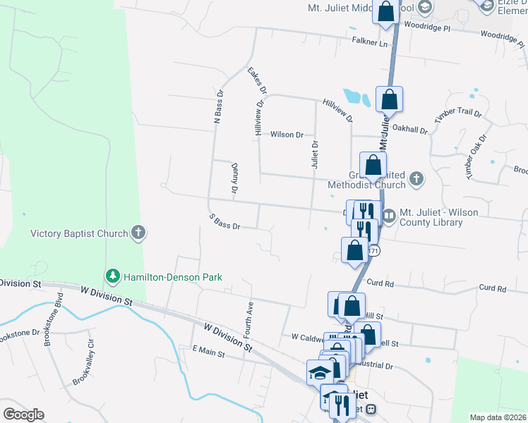 map of restaurants, bars, coffee shops, grocery stores, and more near 1369 South Bass Drive in Mt. Juliet